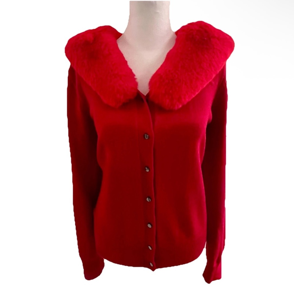 Tahari Red Knit Cardigan Sweater Faux Fur Collar Button Front Size M